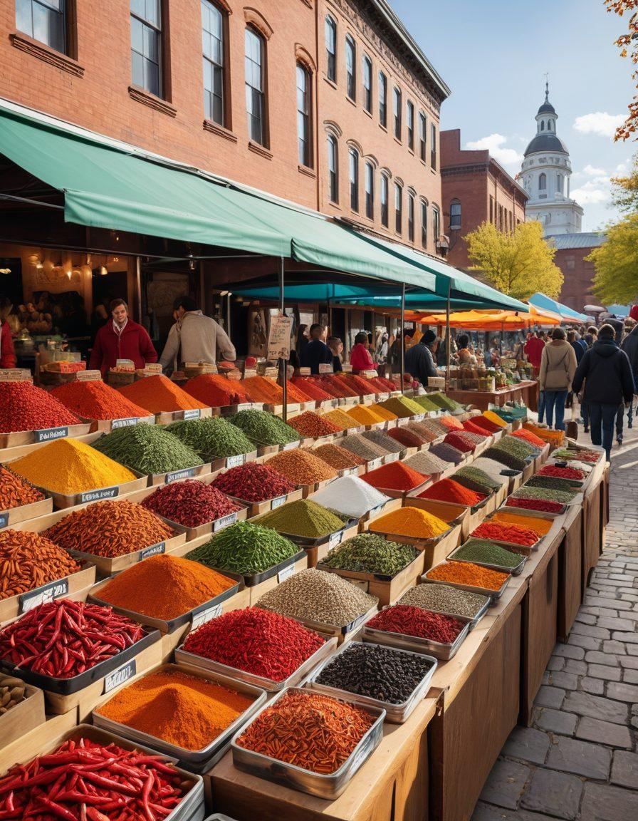 A vibrant market scene showcasing a diverse array of spices and herbs, with colorful jars and bags of chili peppers, paprika, and cumin, surrounded by enthusiastic vendors and curious travelers. The backdrop features traditional American landmarks like a food truck and a historic building, illustrating the fusion of cultures. Bright splashes of color and dynamic textures enhance the lively atmosphere. super-realistic. vibrant colors. 3D.