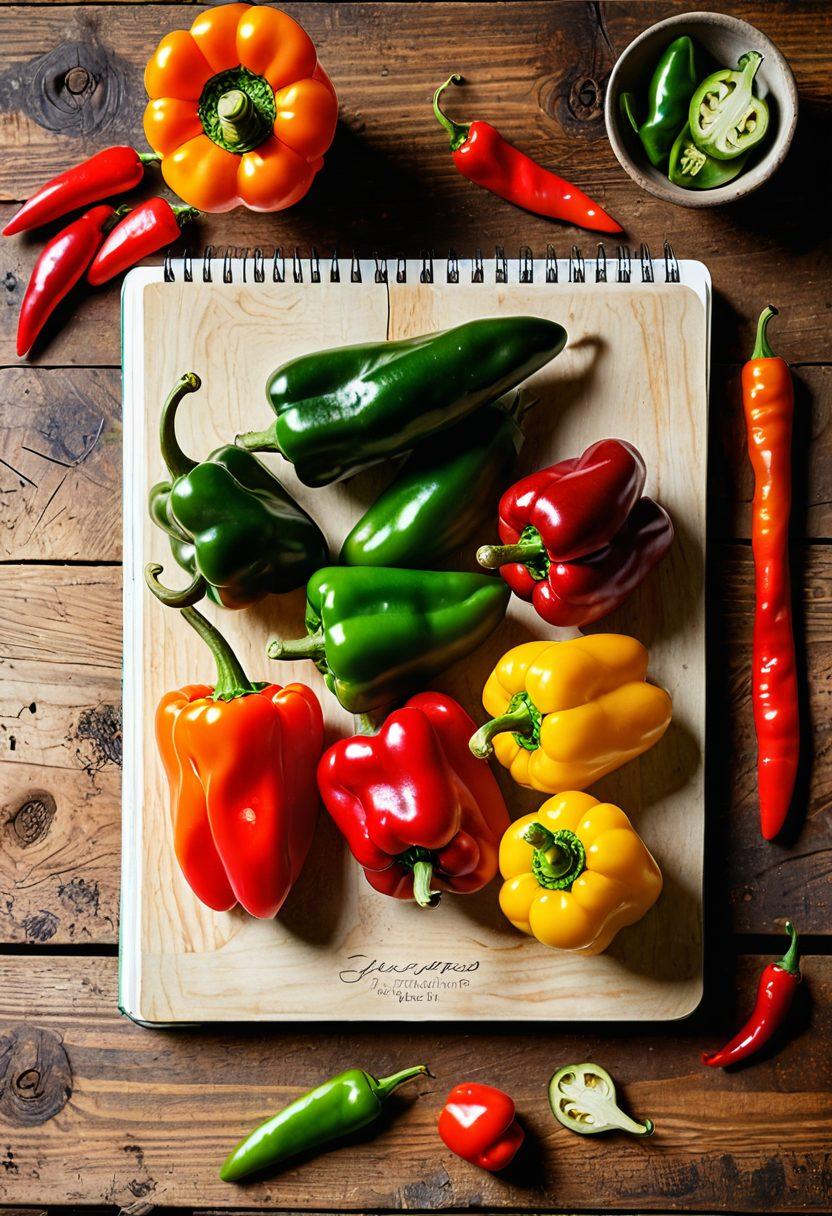 A vibrant composition showcasing a variety of America's favorite peppers, including jalapeños, bell peppers, and habaneros, arranged in an artistic manner on a rustic wooden table. Soft sunlight illuminating the scene highlights the peppers' rich colors and textures, while an open digital diary is partially visible, with handwritten notes and sketches of the peppers. Background hints of a kitchen setting enhance the warmth. super-realistic. vibrant colors. rustic ambiance.