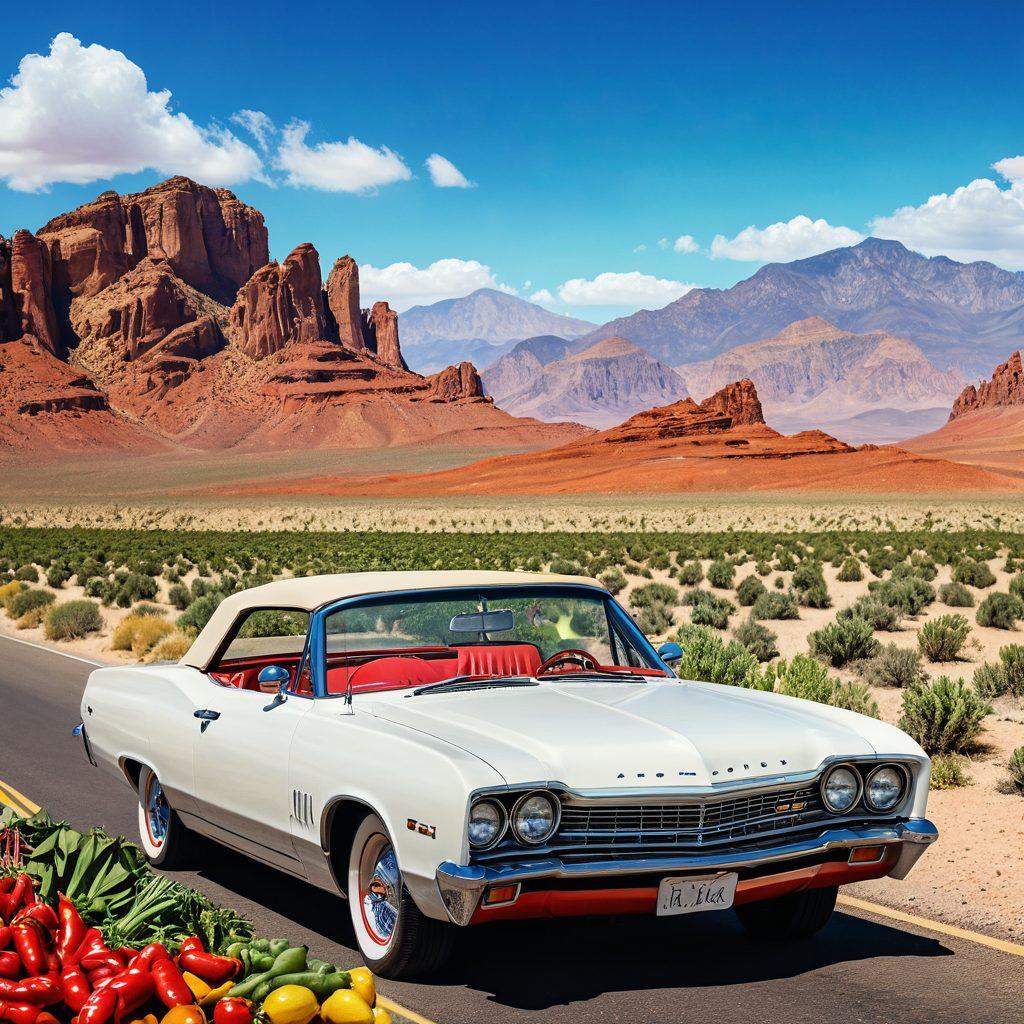 A colorful road trip scene featuring a vintage convertible cruising through various iconic American landscapes, with landscapes like deserts, mountains, and coastlines showcasing local spices like chili peppers, herbs, and fruits. In the sky, a whimsical digital diary floats with notes and illustrations of popular American dishes and flavors. Bright and vibrant colors capture the essence of adventure and culinary delight. super-realistic. vibrant colors. white background.